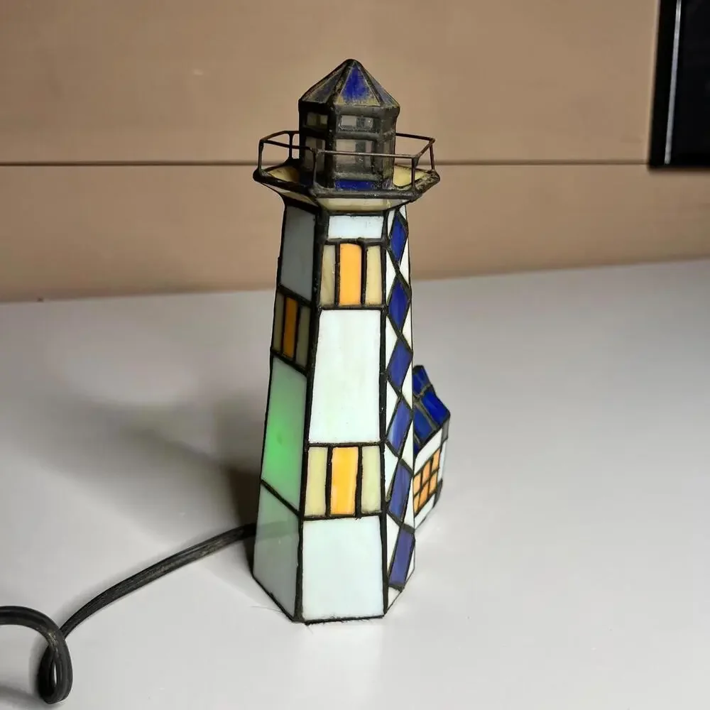 Vintage Stained Glass Lighthouse‎ Table Lamp Nautical Tiffany Style Night Light